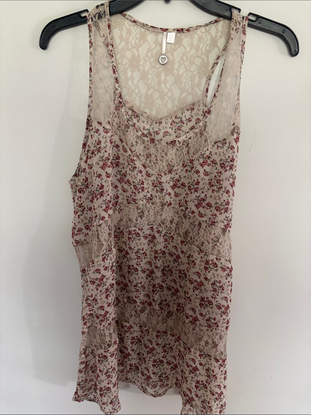 Robin K. Boho Cream Lace Floral Sleeveless Tank with Pink floral Print